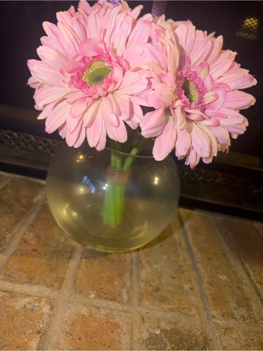 Pink Gerbera Daisy Faux Arrangement in Round Glass Vase - Home Accents